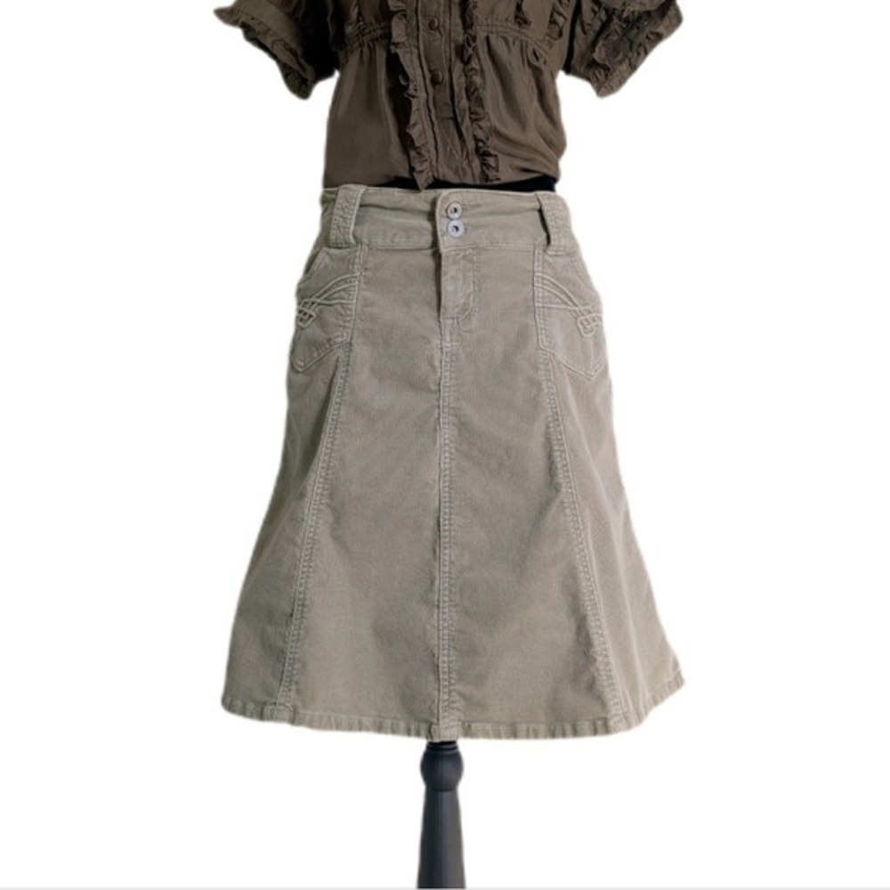 Vintage Y2K Whimsigoth Earthy Whimsy Green Corduroy A-Line Midi Skirt